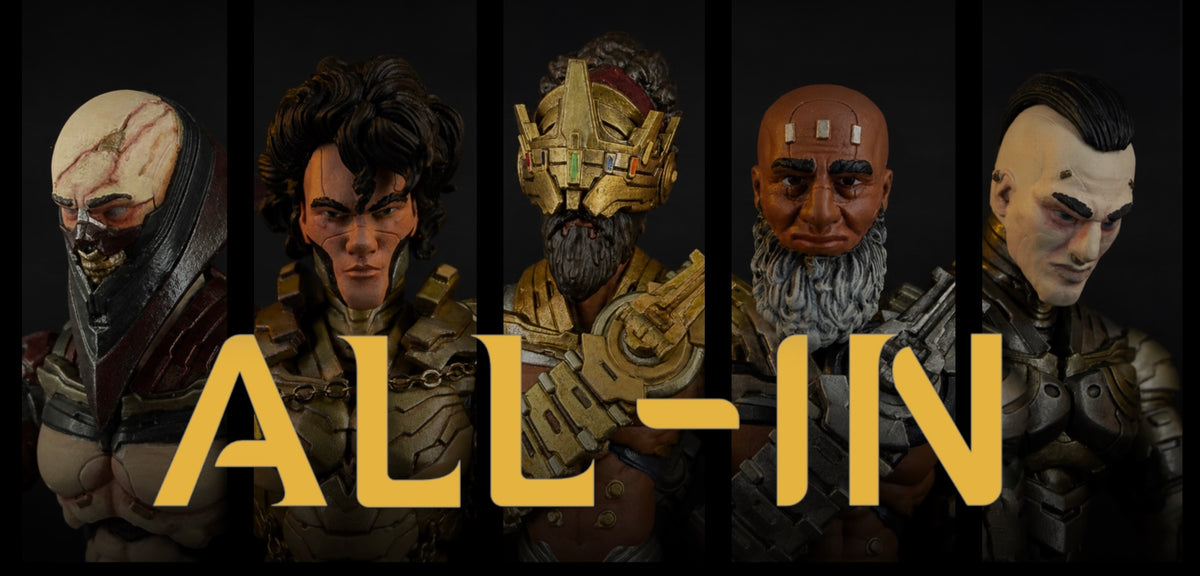 ALL-IN — portraits of the five Elohim action figures in framed panels