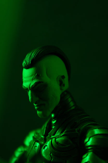 Azra'el 7" action figure — head close-up, neon green lighting
