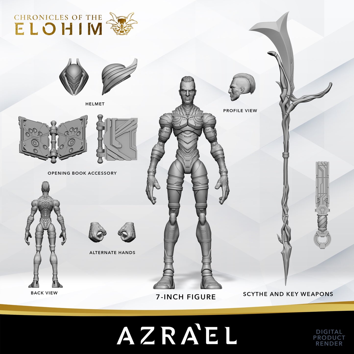 Azra'el 7" action figure — labeled product render: helmet, weapons, armor, accessories