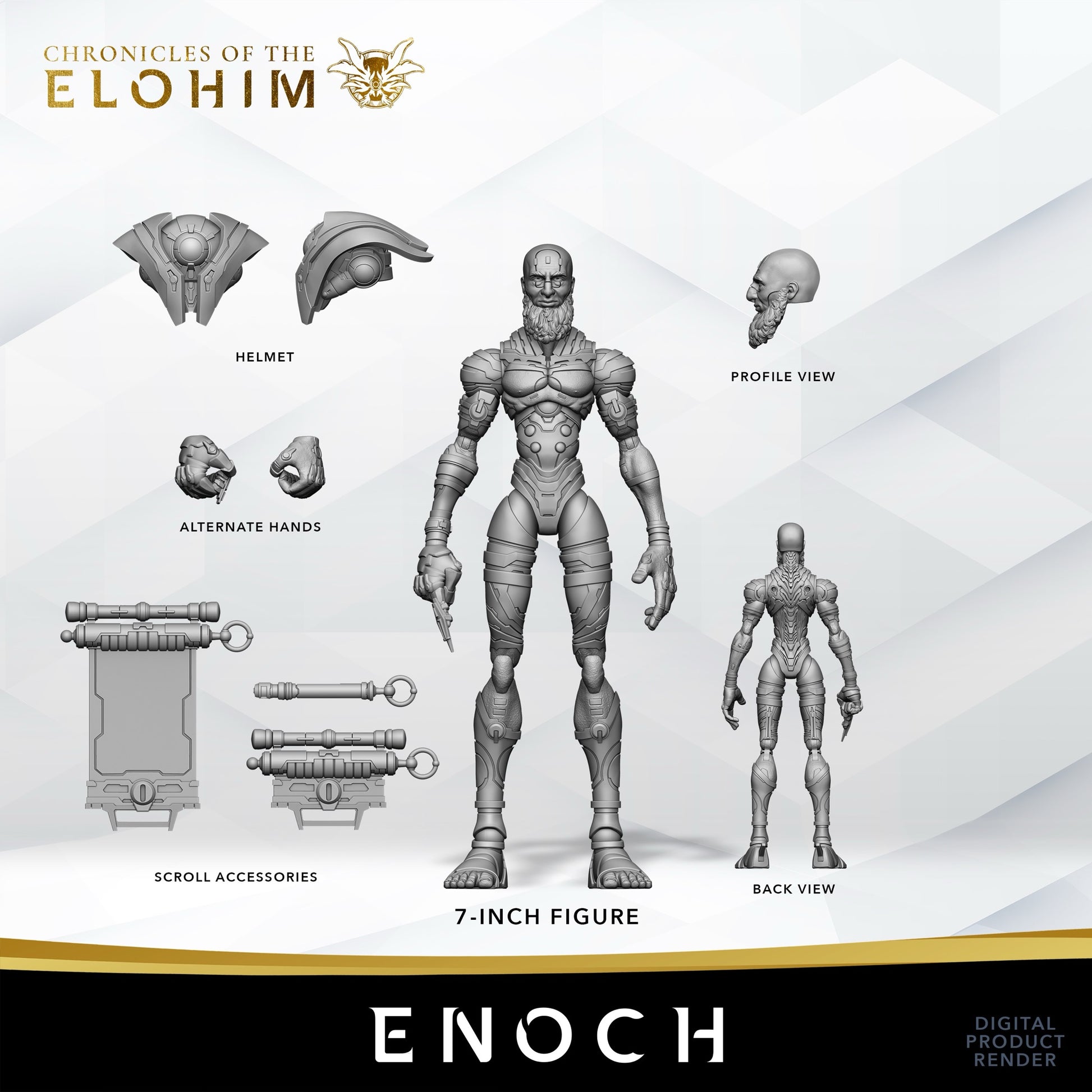 Enoch 7" action figure — render spec sheet: helmet, hands, scroll, size comparison