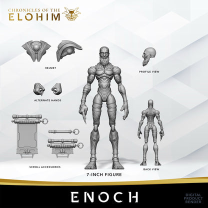 Enoch 7" action figure — render spec sheet: helmet, hands, scroll, size comparison
