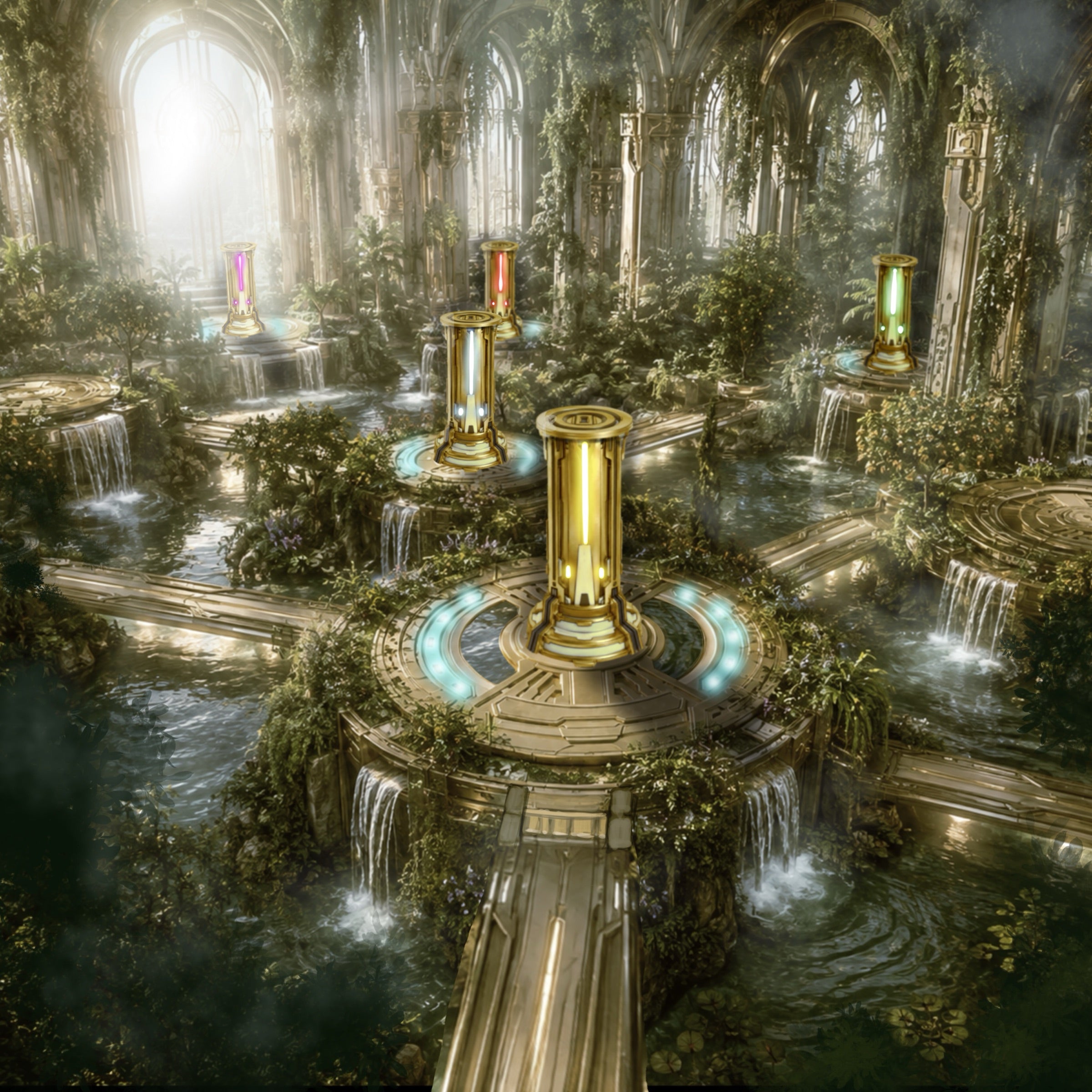 The Sanctum of the Elohim — five glowing pillars among gardens and waterfalls