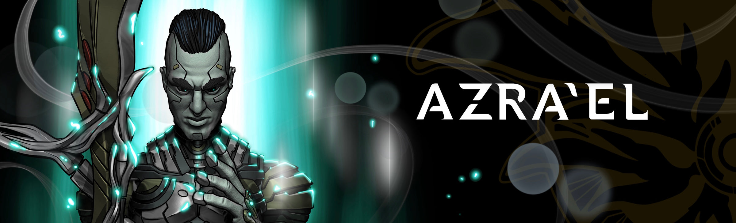 Azra'el character lore banner — Azra'el with teal energy glow and AZRA'EL title