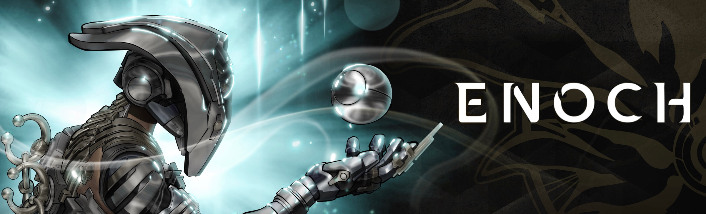 Enoch character lore banner — helmeted Enoch with floating orb and ENOCH title (frameless v3)