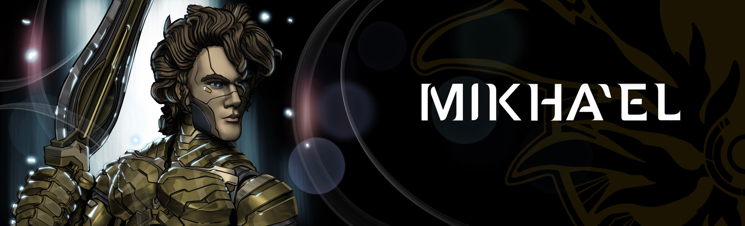 Mikha'el character lore banner — Mikha'el in gold armor with sword and MIKHA'EL title