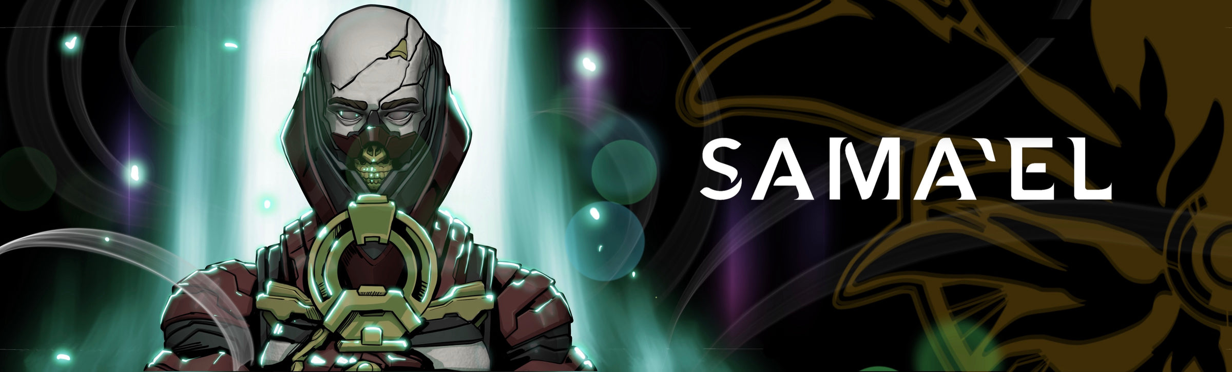 Sama'el character lore banner — hooded Sama'el with ring artifact and SAMA'EL title