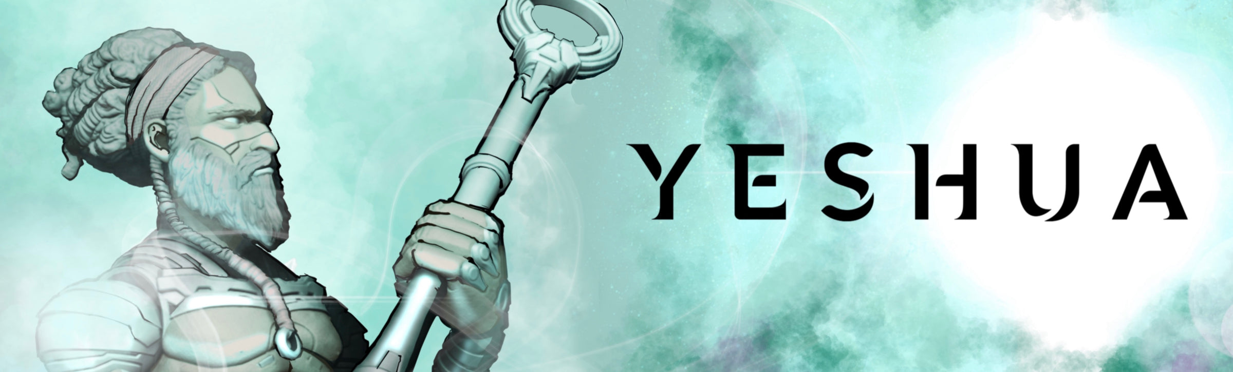 Yeshua character lore banner — Yeshua with ringed staff and YESHUA title
