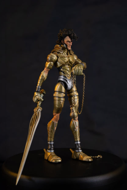 Mikha'el 7" action figure — three-quarter side view, sword and chain