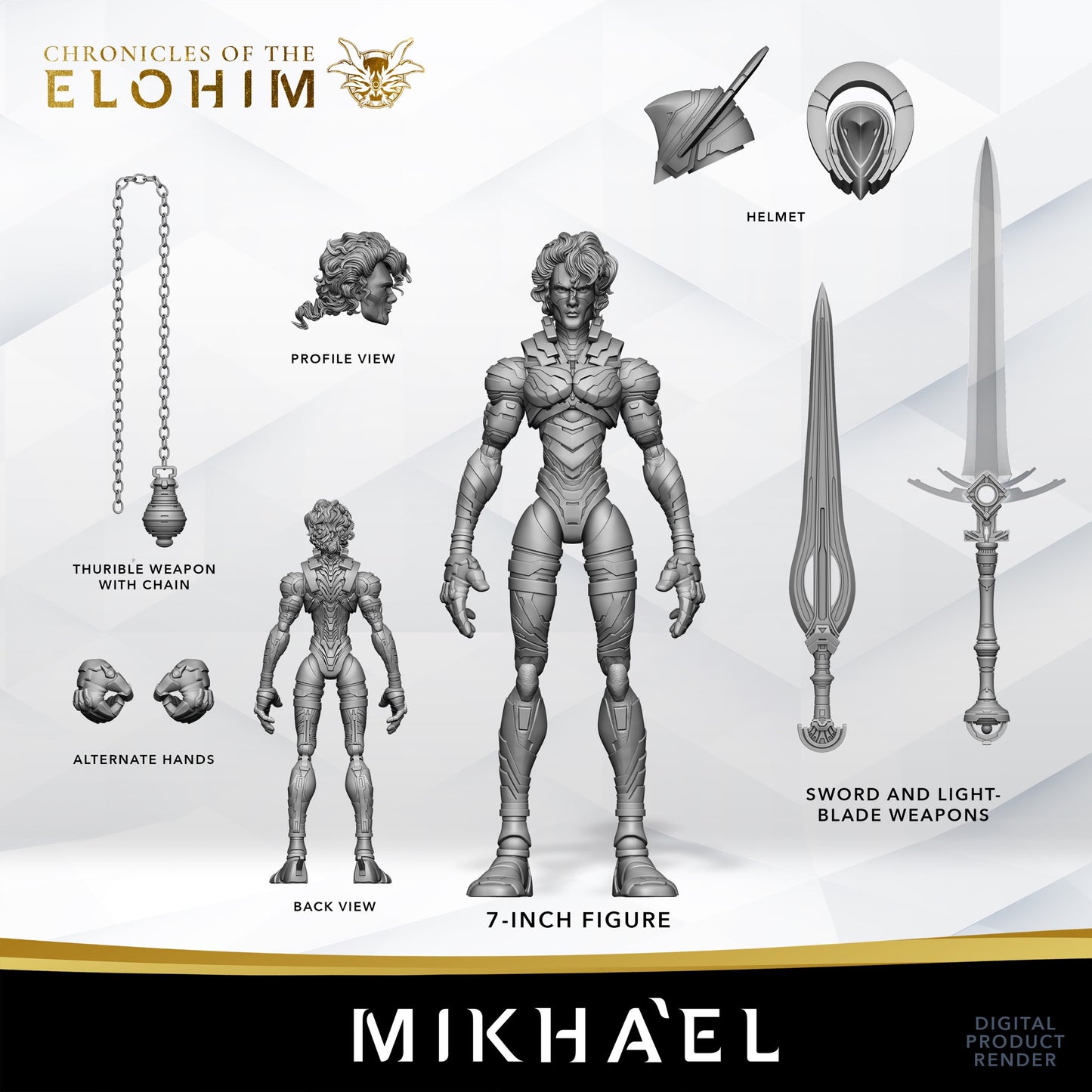 Mikha'el 7" action figure — labeled product render with accessories