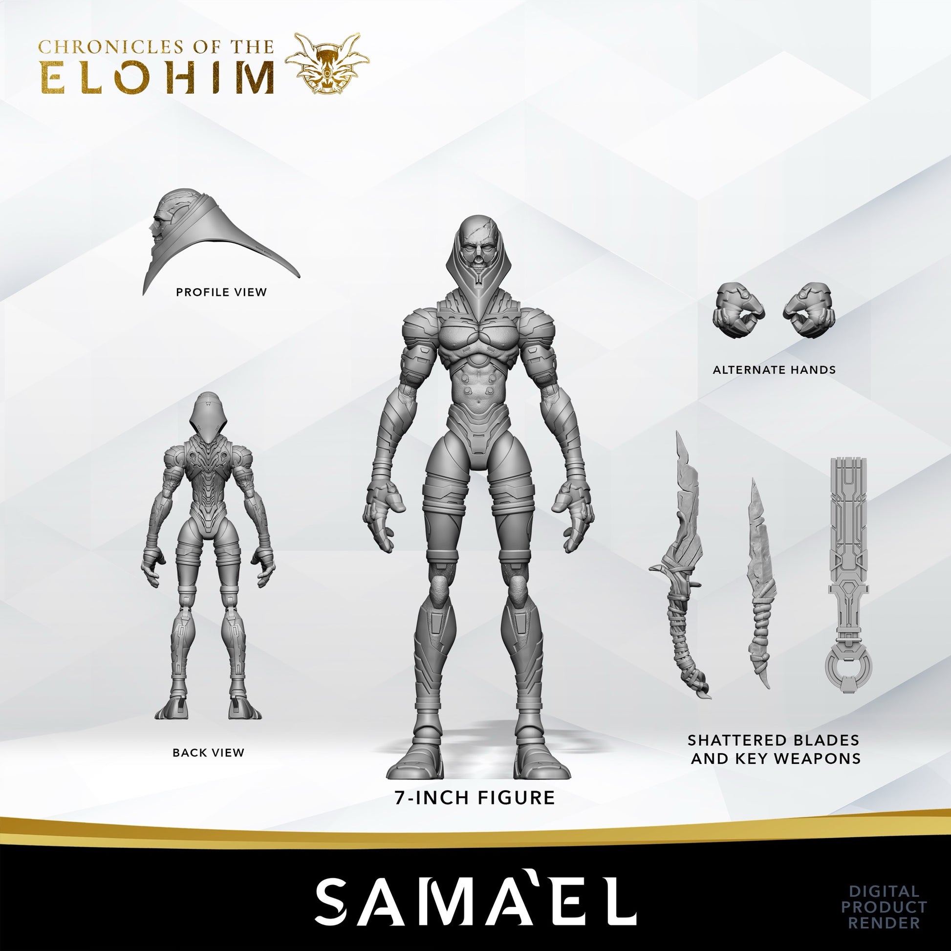 Sama'el 7" action figure — render spec sheet: views, alternate hands, weapons