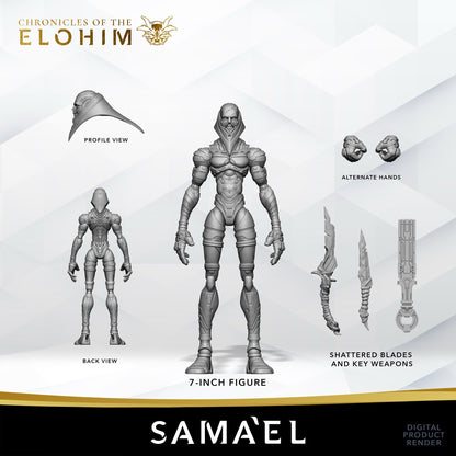 Sama'el 7" action figure — render spec sheet: views, alternate hands, weapons
