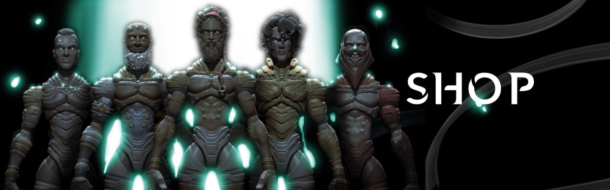 The five Elohim action figures lined up shoulder to shoulder before a glowing light, beside the word SHOP