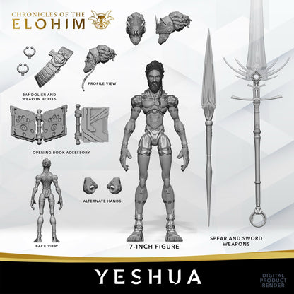 Yeshua 7" action figure — render spec sheet: figure, accessories, weapons, parts
